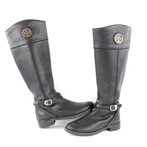 Tory Burch Pebbled Leather Tall Riding Boots Black